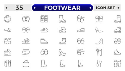 Footwear Outline Icon Set – Sneaker, Running Shoes, Casual and Athletic Styles.