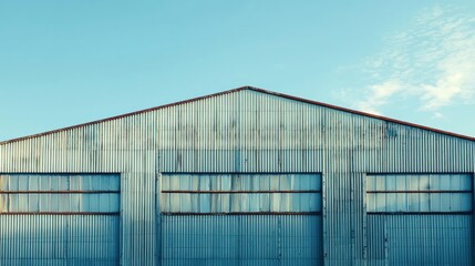 A large, corrugated metal shed with a corrugated metal roof and windows, set against a clear blue sky with a few scattered clouds.