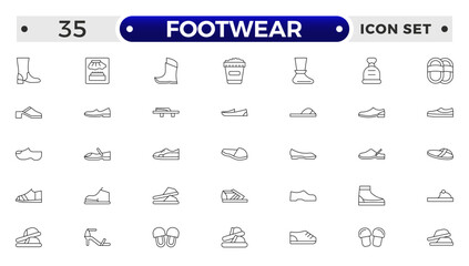 Footwear Outline Icon Set – Sneaker, Running Shoes, Casual and Athletic Styles.