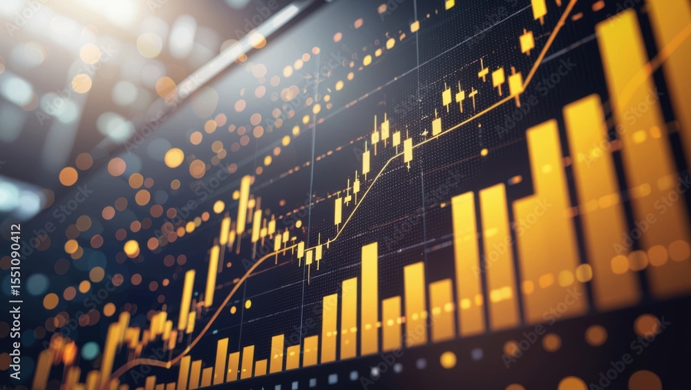 Aufkleber dynamic financial chart displaying upward trends with golden candlesticks and bokeh lights