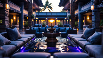 Luxurious outdoor lounge area featuring a water fountain and comfortable seating with ambient lighting