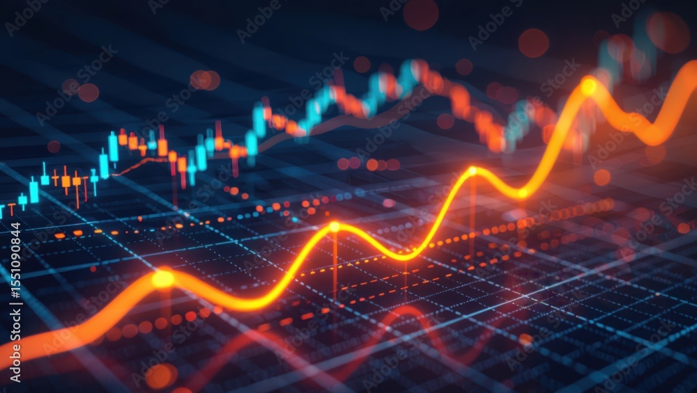 Poster dynamic neon financial data visualization with upward trends and candlestick charts
