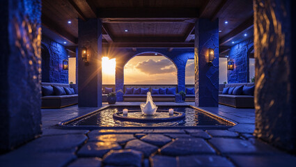 Luxurious spa oasis featuring water fountain lounge area with sunset view and cozy atmosphere