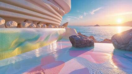 Luxury resort infinity pool overlooking the sea at sunset with abstract colors and architectural design