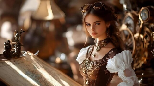 A young woman in steampunk attire stands beside an antique map, surrounded by vintage machinery and ornate decor.