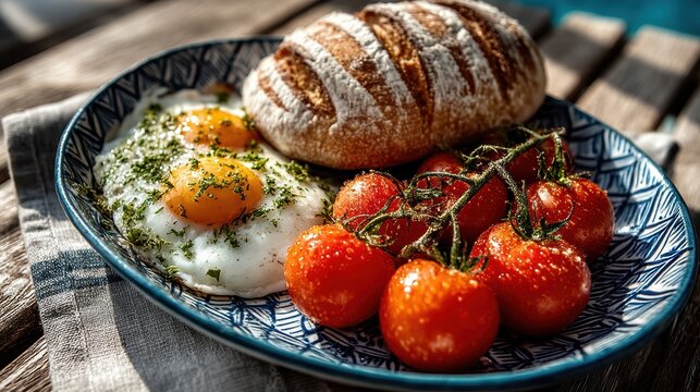 Delicious breakfast featuring fresh eggs, roasted tomatoes, and artisanal bread served outdoors in the morning sunlight