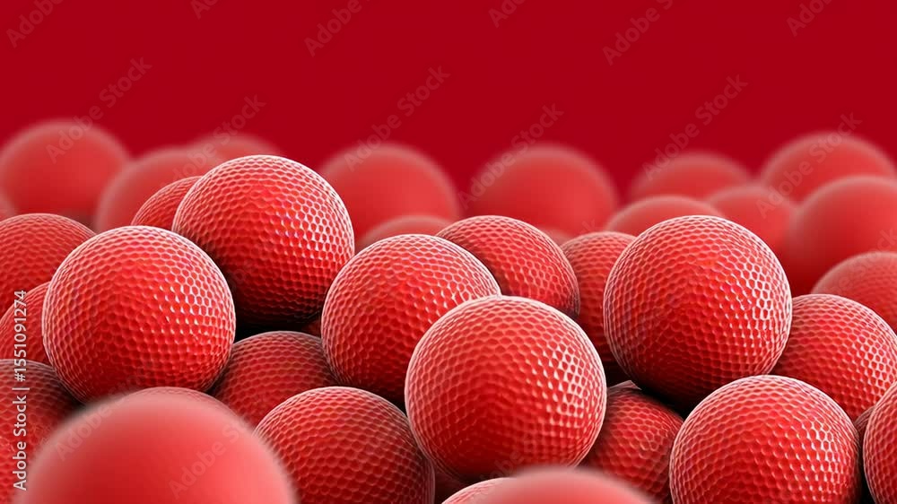Poster close-up view of numerous textured red balls scattered across a vibrant background, showcasing their