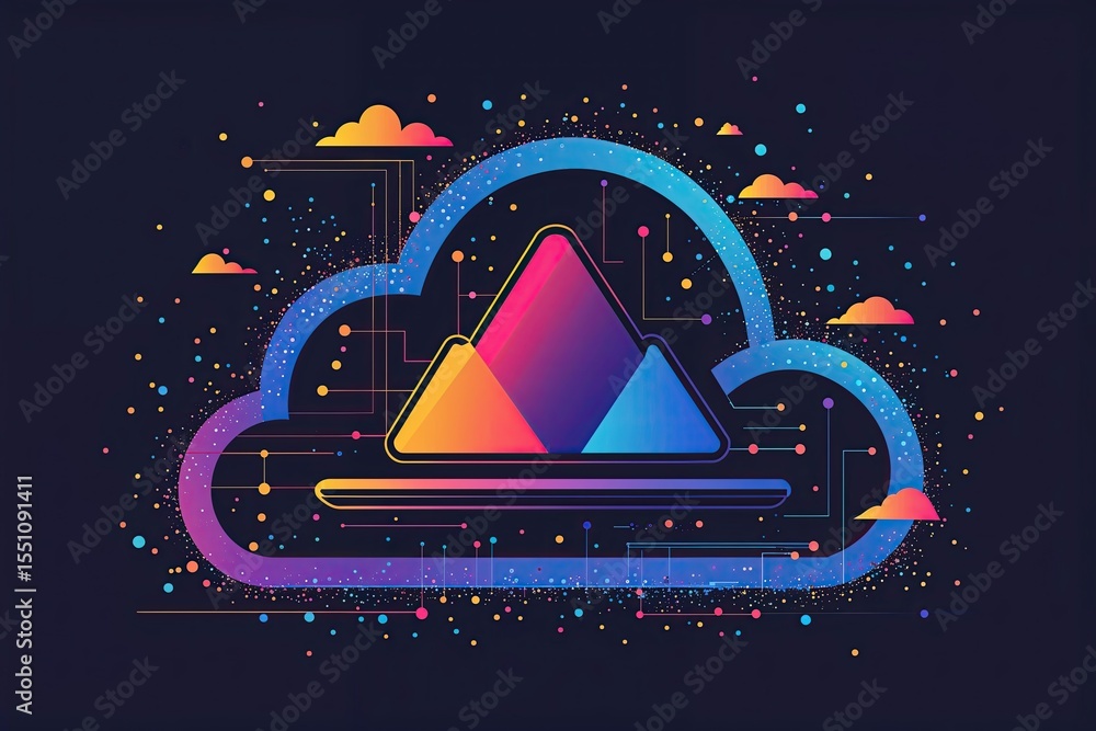 Poster vector art design of cloud data storage network featuring triangles and particles