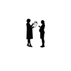 Silhouette of a mother consulting a nutritionist for baby food recommendations on white background