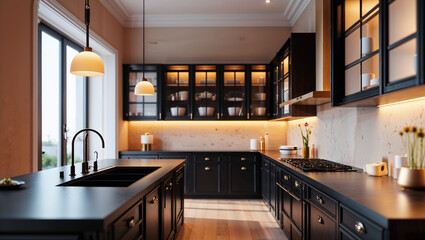 Modern and luxurious kitchen interior design with black cabinets and elegant lighting for home decor
