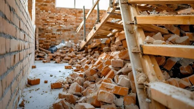 A construction site with a staircase and debris of broken bricks scattered on the floor.