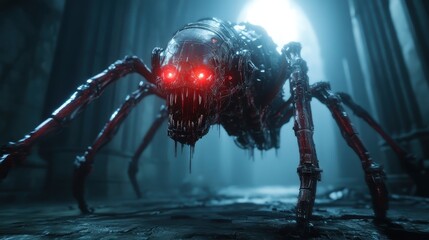 This striking image features a menacing robotic spider with red eyes, intricately designed to evoke a sense of fear and fascination, set against an eerie, shadowy background.