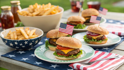 Independence day celebration. Hamburger cheeseburger french fry American flag outdoor picnic summer ,barbecue party outdoor, 4th of july gathering, family patriotic celebrating usa holiday