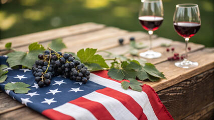 Independence day celebration. Fresh grape American flag wine glass outdoor wooden table summer celebration ,barbecue party outdoor, 4th of july gathering, family patriotic celebrating usa holiday