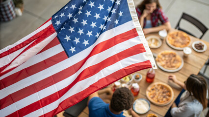Independence day celebration. American flag outdoor table pizza people celebration summer independence ,barbecue party outdoor, 4th of july gathering, family patriotic celebrating usa holiday