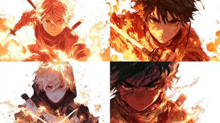 Four anime-style characters, fiery action poses, wielding swords
