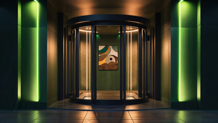 Modern architectural design featuring an elegant revolving door with ambient lighting and artistic painting on the interior wall.