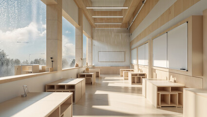 Modern architectural interior classroom design with large windows and minimalist wooden furniture