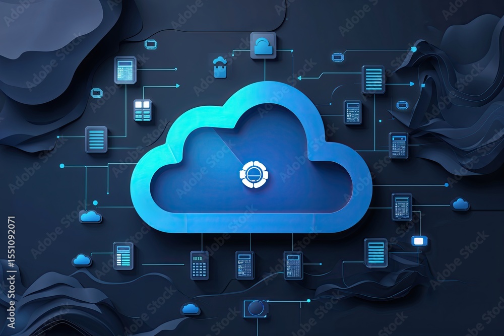 Poster innovative data storage solutions and cloud computing technology featuring digital blue cloud icon o