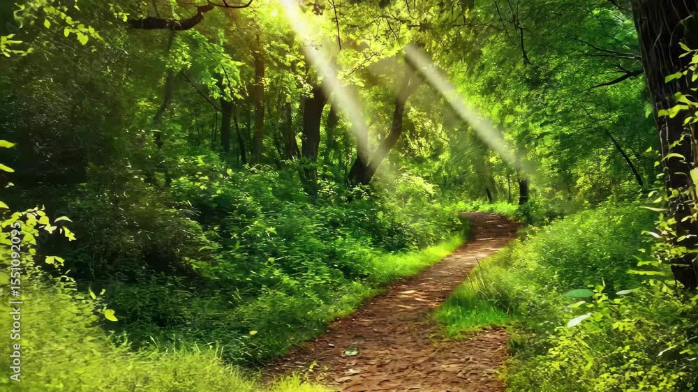 Poster sunlight filters through trees onto narrow forest path in tranquil woodland, sunlight filtering thro