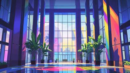 Modern architectural interior perspective depicting a building lobby filled with green plants and color reflections
