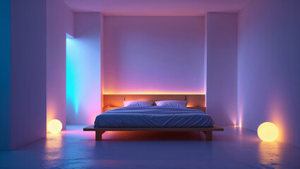 Modern bedroom interior design with ambient lighting and a minimalistic wooden bed frame in a contemporary setting