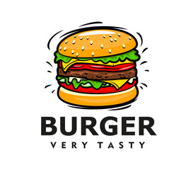 Fast food tasty hamburger icon or symbol. Takeaway cafe isolated cartoon vector burger with sesame bun, salad, beef and cheese. Takeout restaurant american cheeseburger, fast food menu hamburger icon