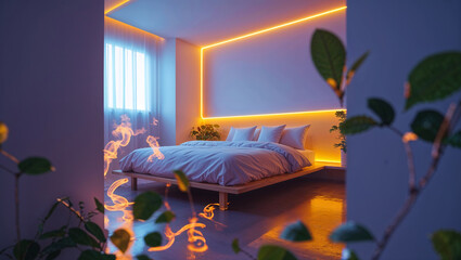 Modern bedroom interior illuminated with neon lighting and aesthetic ambient design elements