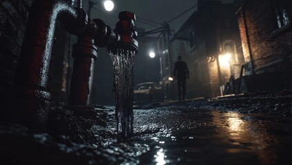 A dark, wet alleyway at night. Water flows from a rusty pipe. A lone figure walks