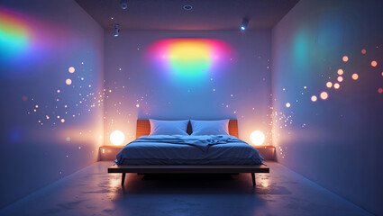 Modern bedroom scene with vibrant colorful light design over a stylish bed with a calming ambiance