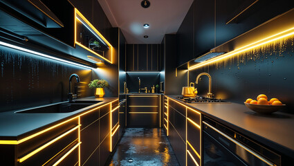 Modern black kitchen interior design with atmospheric lighting and golden accents showcasing luxury