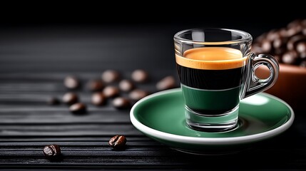Espresso in glass cup, dark wood background