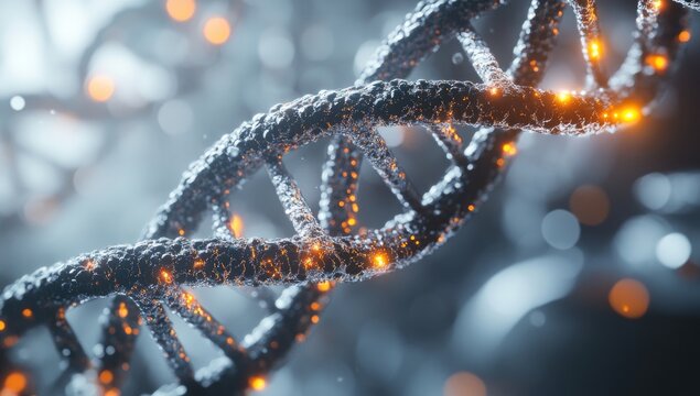 DNA helix, glowing with ethereal light. Abstract, scientific, 3D rendering of a complex double helix. Fiery orange/gold light emanates from within the structure. Bokeh effect enhances depth