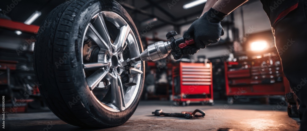 Poster the mechanic installing a tire using a power tool in a professional garage.