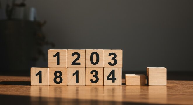 Wooden number blocks on a table, arranged seemingly at random, bathed in sunlight.