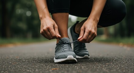 Obraz premium Runner's Hands Tying Shoelaces on Asphalt Path, Forest Background