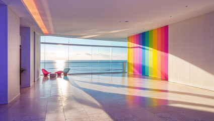 Modern coastal interior space featuring rainbow colored wall and panoramic ocean view