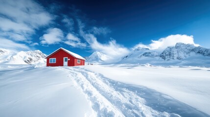 A solitary red cabin sits in a snowy landscape with majestic mountains in the background, surrounded by a clear blue sky and fluffy white clouds that enhance the serene atmosphere.