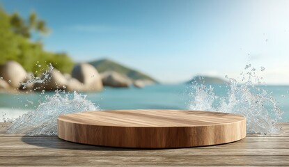 Wooden Platform Floating on Calm Blue Water with Tropical Background