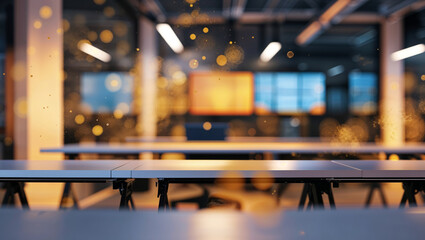 Modern conference room interior with blurry bokeh effect and tables in the foreground with bright lighting.