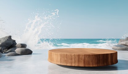 Wooden Platform Floating on Calm Blue Water with Tropical Background