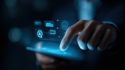 Hand touching tablet with glowing digital icons for tech - related uses and digital interfaces 