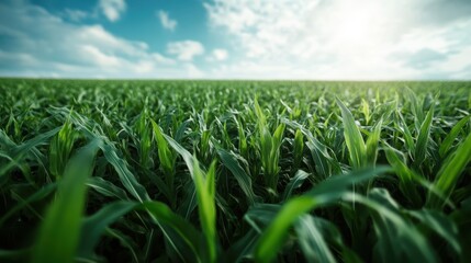 Obraz premium This expansive view of a lush green cornfield stretches towards the horizon, illuminated by a bright blue sky, evoking feelings of tranquility and agricultural abundance.
