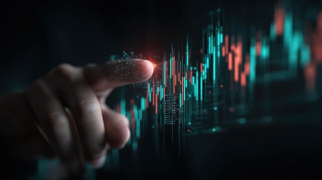 Finger touching digital financial chart with glowing particles, suitable for business, finance - related presentations and marketing materials, featuring modern and technological design elements 