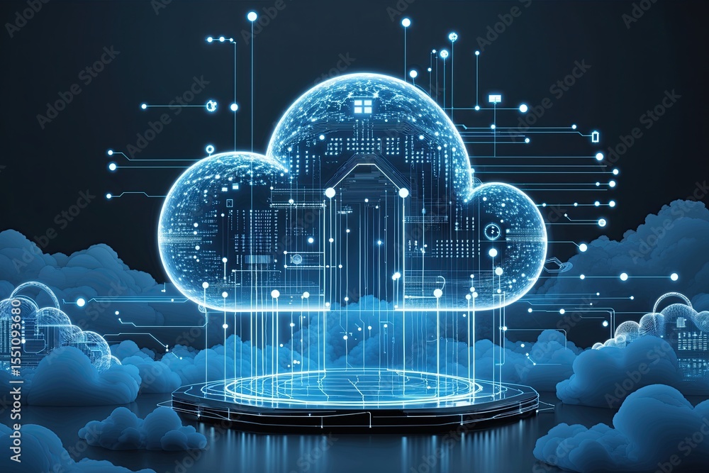 Poster futuristic cloud architecture and data security solutions visualized in ethereal blue on dark backgr