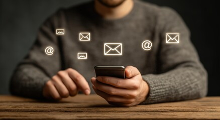 Man using smartphone with glowing email and at - symbol icons floating above, for digital communication and email - related designs 