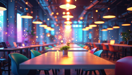Modern coworking space with lit tables and stylish chairs under warm lighting perfect for business