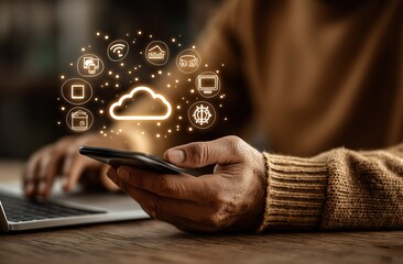 Man using smartphone and laptop with glowing cloud - shaped icon and digital device symbols floating around, suggesting cloud computing and connectivity. 