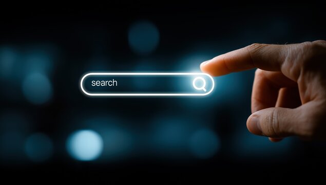 Digital - hand touching illuminated search bar on dark, bokeh - filled background for web, app design use  - Powered by Adobe