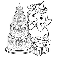 Happy Birthday Coloring Page with cute unicorn